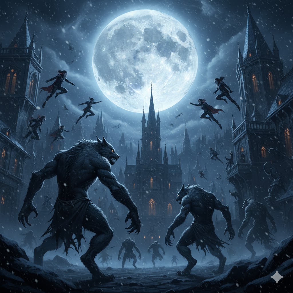 Full moon rising over gothic city, werewolves transforming, vampires leaping from towers, moment before clash